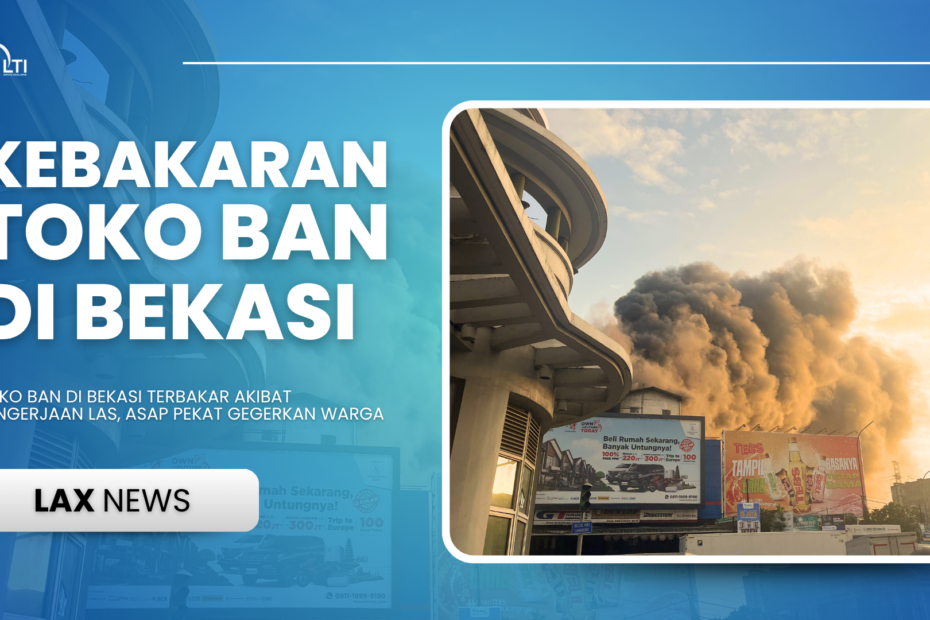 Kepulan asap hitam pekat membubung tinggi dari kebakaran toko ban di Bekasi, tampak warga dan pengendara menyaksikan di tengah kemacetan lalu lintas sore hari.