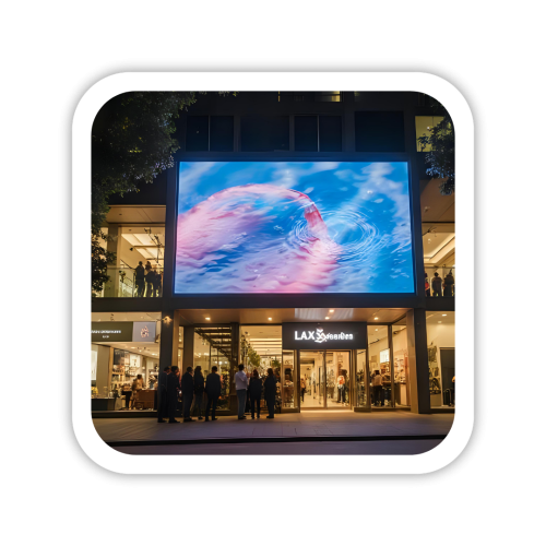 Lax Screen terpasang di fasad gedung dengan tampilan visual berkualitas tinggi